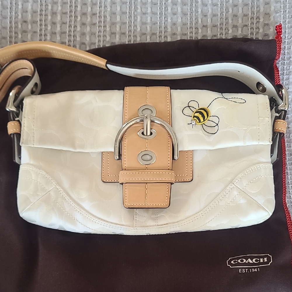 Coach Cream and Tan Shoulder Bag with Bee Accent